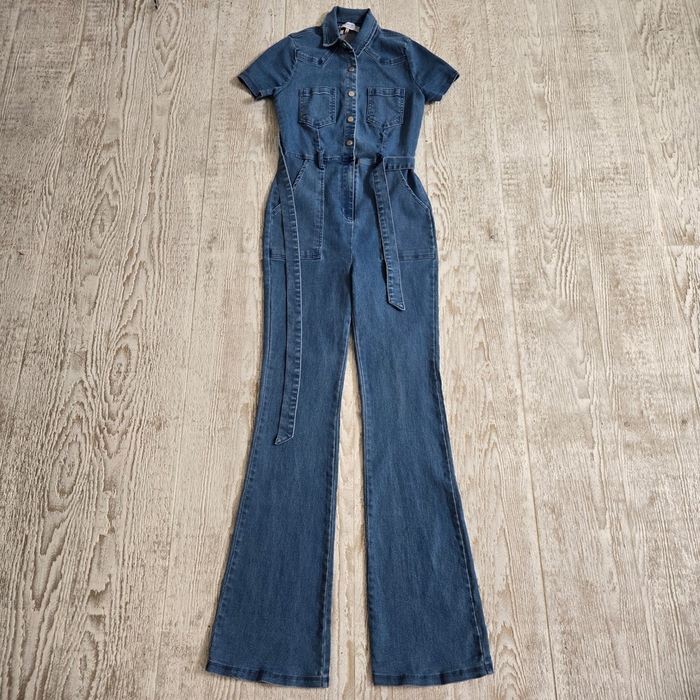 Denim Bird Los Angeles Vintage Y2K Medium Wash Flare Leg Denim Jumpsuit Belted S
